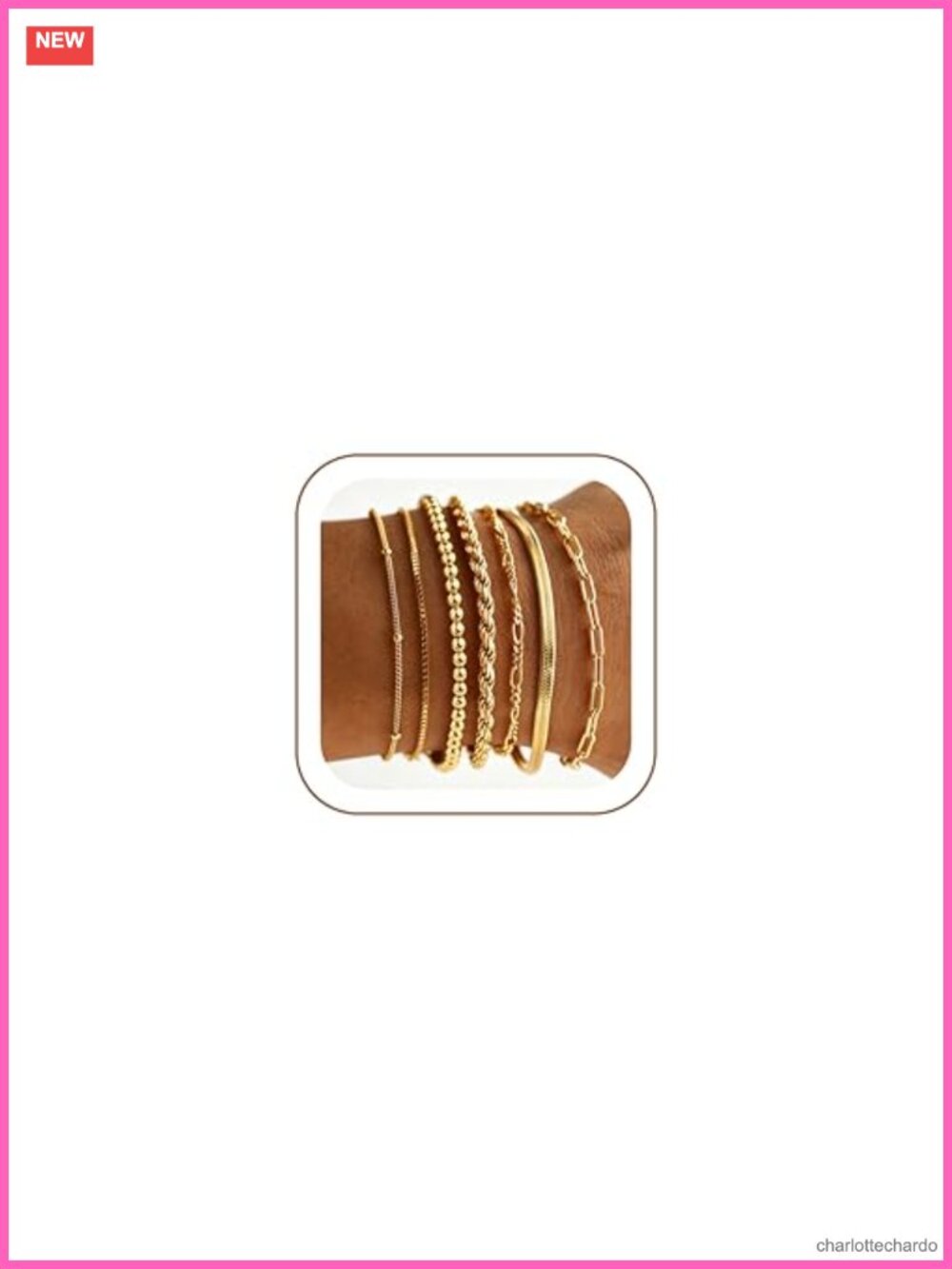 7PCS 14K Gold Plated Bracelet Set for Women Stackable Beaded Chain